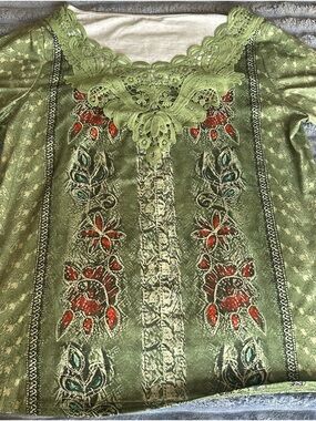 SHEIN Olive Green Lace-Trim Embroidered Floral Blouse